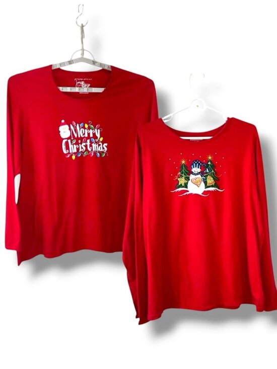 Just My Size Tops - Christmas Tee Shirts Cotton Holiday Long Sleeve Bundle Red Women Plus Size 2X